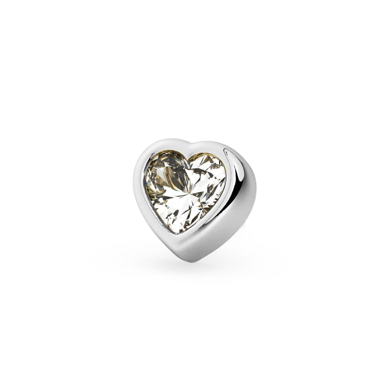 Close-up front view of 14k white gold bezel-set white sapphire heart stud end only