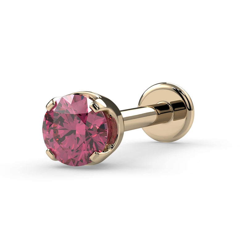 14k yellow gold 3mm pink diamond flat back labret stud, angled view showing prong setting and disc backing