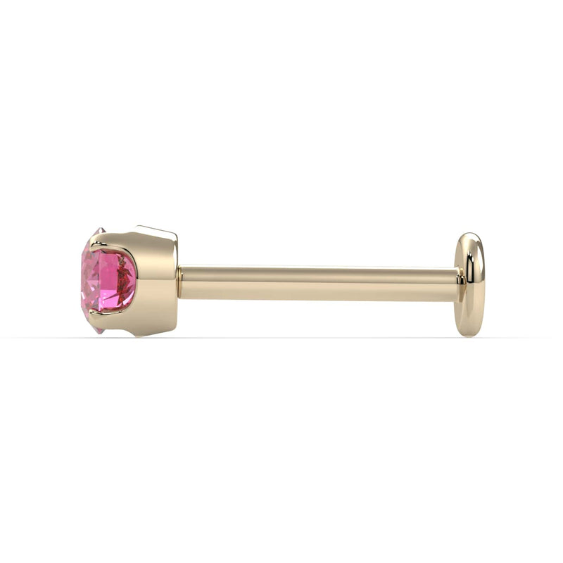 Side profile of 14k yellow gold pink diamond flat back labret stud showing post length and disc backing