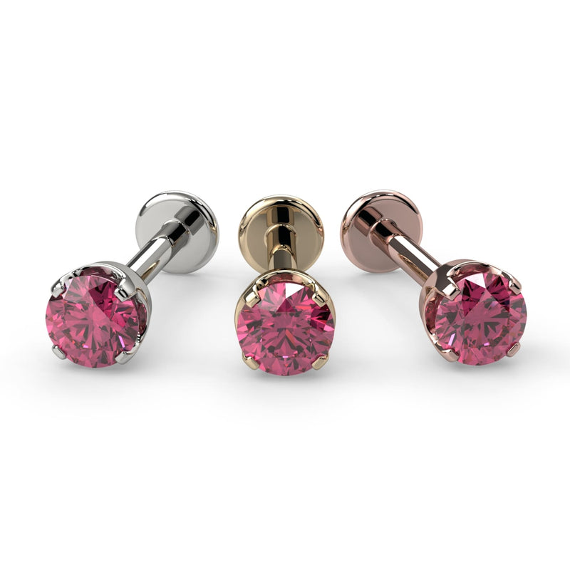 2.5mm pink diamond flat back labret in 14k white gold, yellow gold, and rose gold side by side
