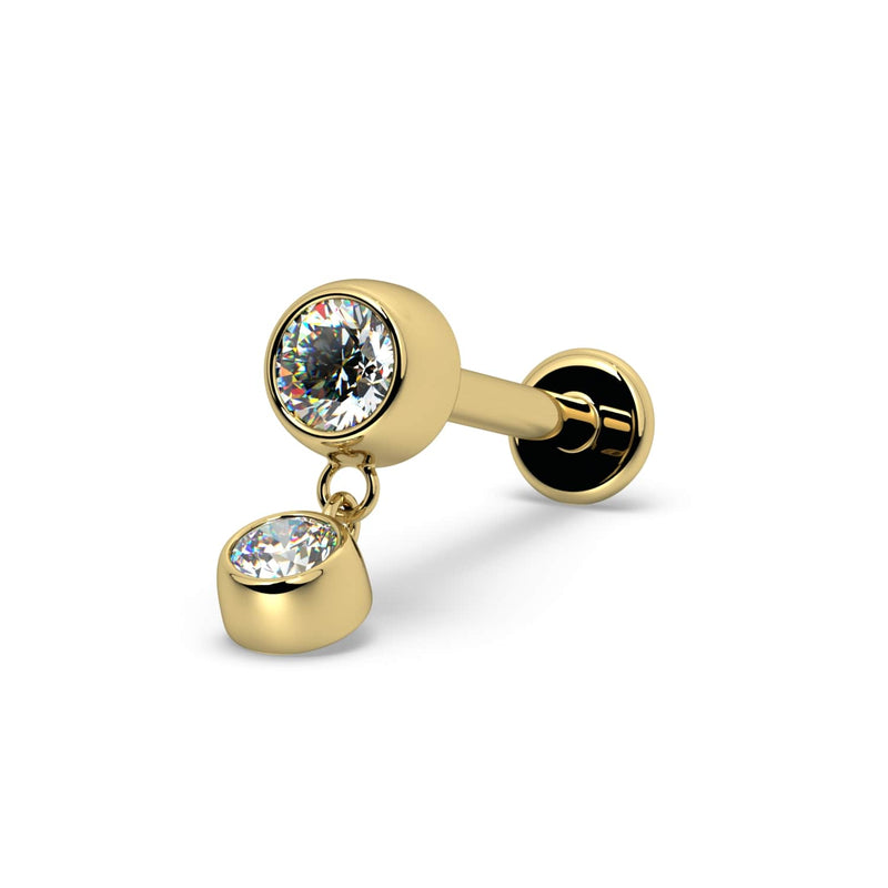 14k yellow gold bezel diamond dangle flat back labret, angled view showing post and flat disc backing