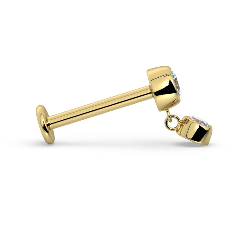 Side profile of 14k yellow gold bezel diamond dangle flat back labret showing full post length