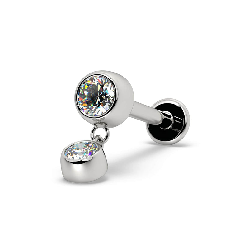 14k white gold bezel diamond dangle flat back labret, angled view showing post and flat disc backing