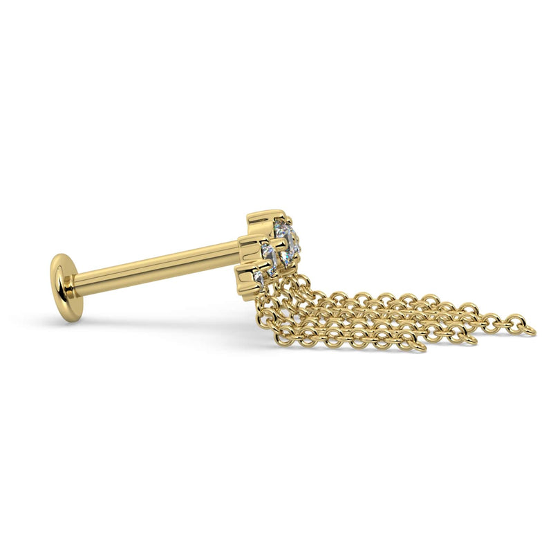Side profile of 14k yellow gold diamond dangle flat back labret showing post length and chain drape