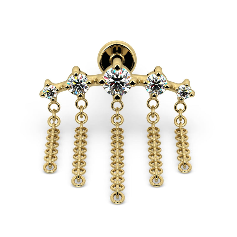 Close-up front view of 14k yellow gold 5-diamond constellation bar with five dangling link chains