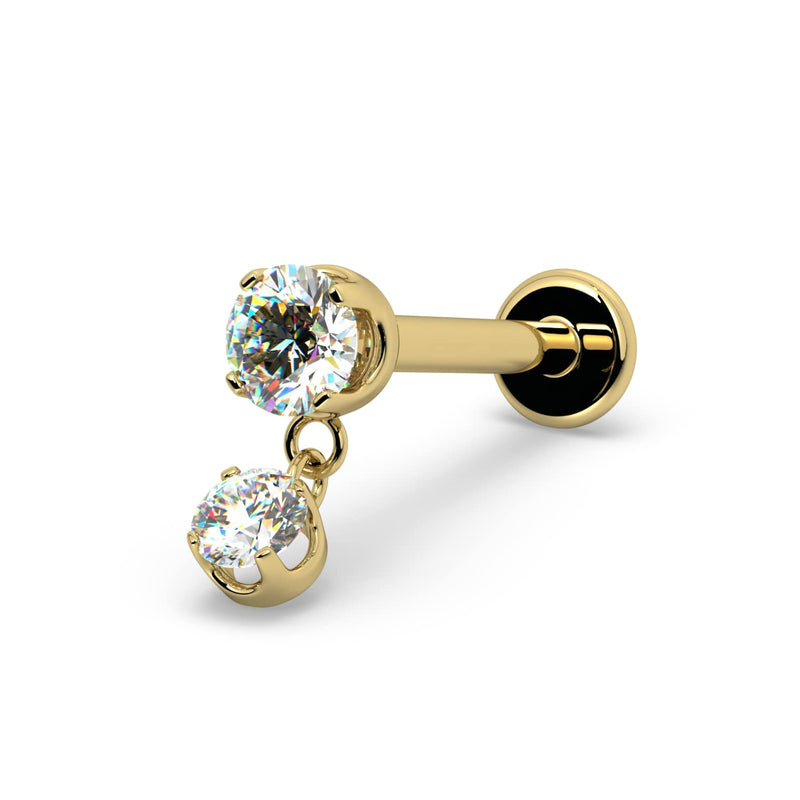 Angled view of 14k yellow gold prong diamond dangle flat back cartilage stud highlighting gem sparkle