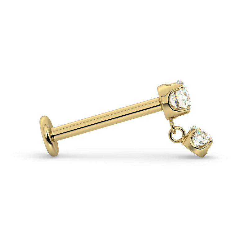 Side profile of 14k yellow gold diamond dangle flat back labret showing full post length and flat disc