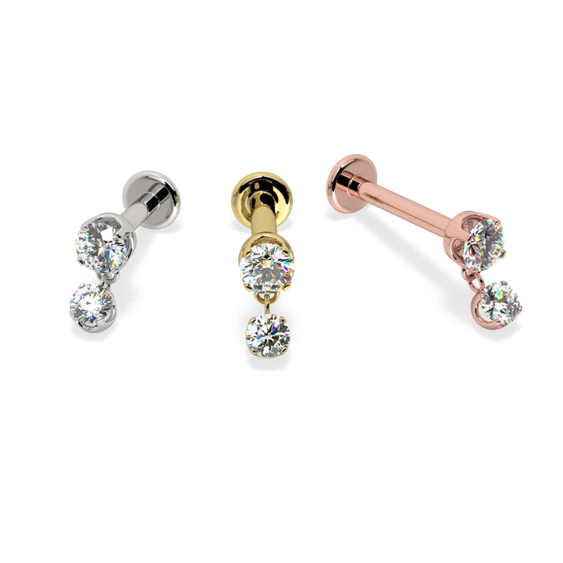 14k white gold, yellow gold, and rose gold diamond dangle flat back studs shown side by side