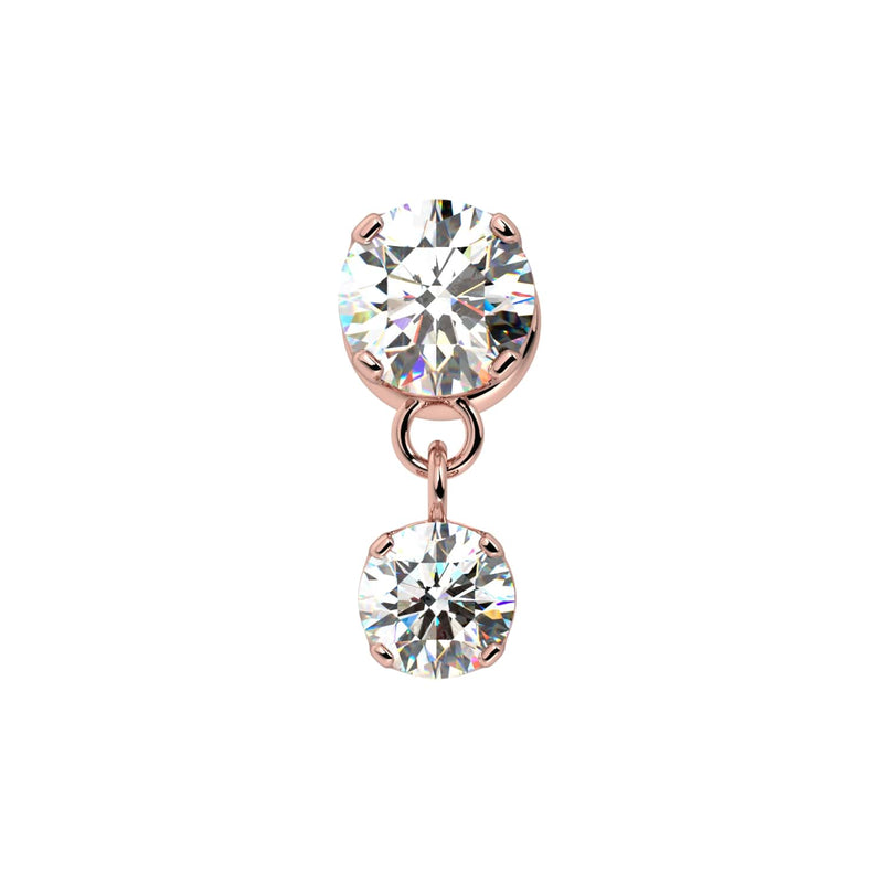 14k rose gold dual prong-set diamond dangle cartilage stud end, front view on white background