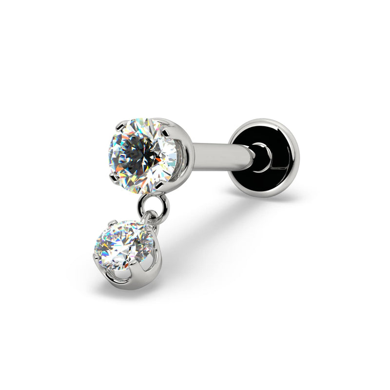 Angled view of 14k white gold prong diamond dangle flat back labret with dual sparkling round stones