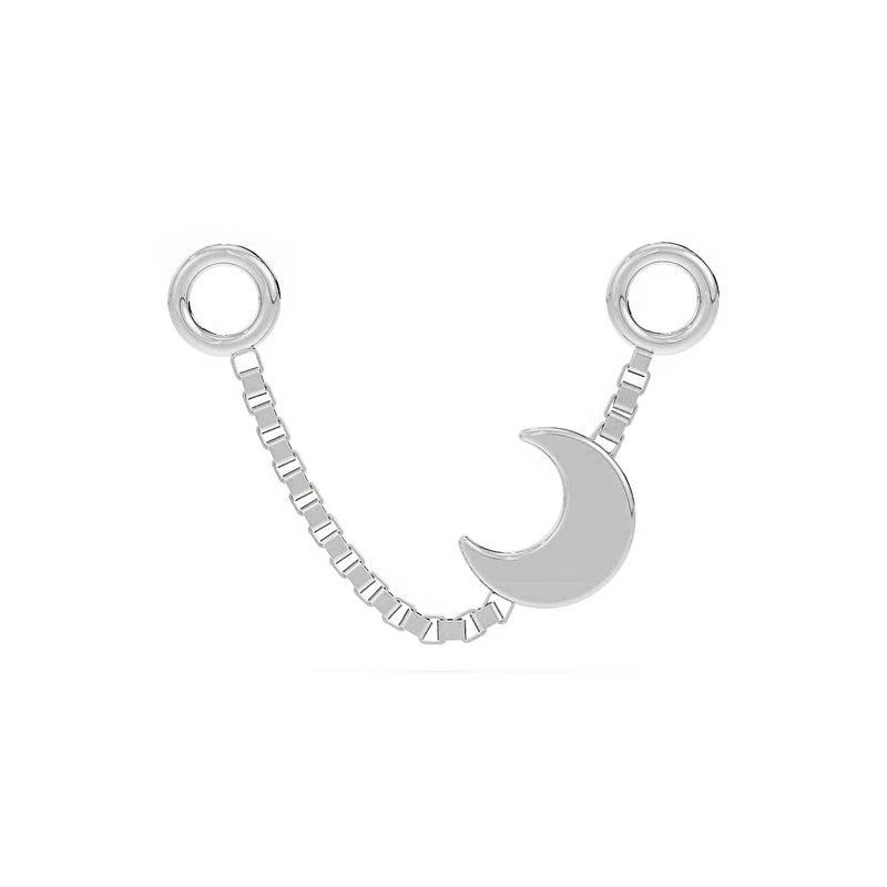 14k white gold crescent moon box chain piercing connector, short length, front view