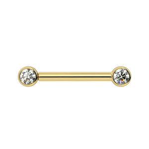 14K yellow gold nipple barbell with dual 3mm bezel-set diamonds, straight-on front view
