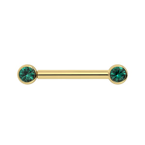 14K yellow gold nipple barbell with dual 3mm emerald bezel settings, front view