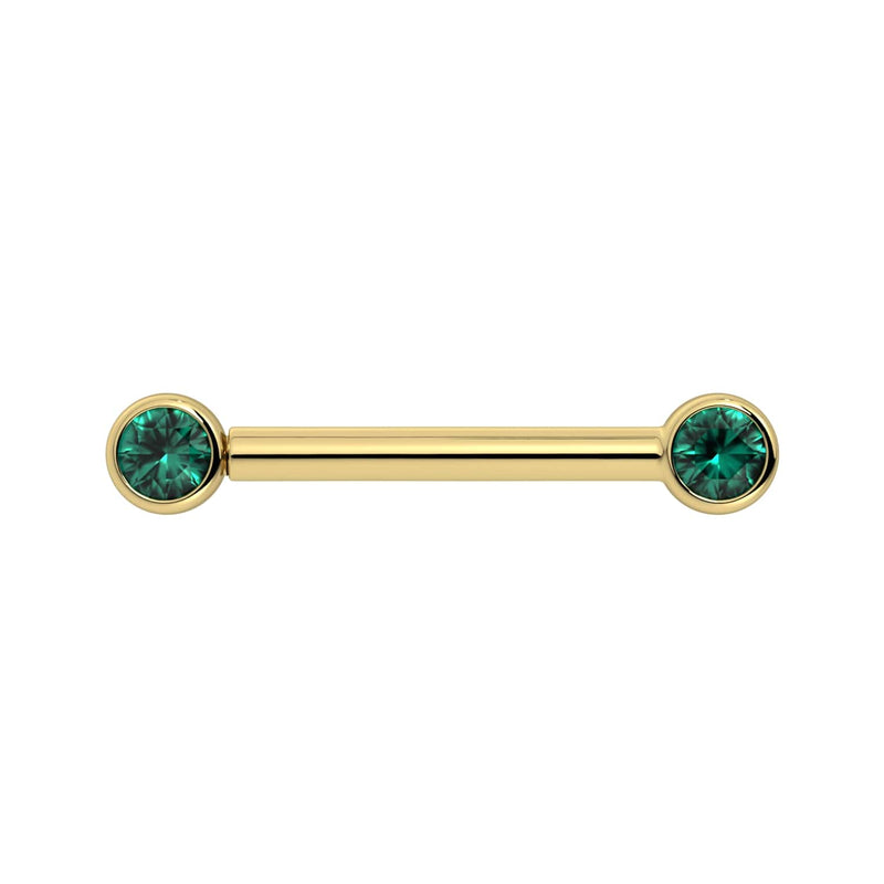 14K yellow gold nipple barbell with dual 3mm emerald bezel settings, front view