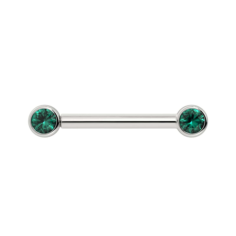 14K white gold nipple barbell with dual 3mm emerald bezel-set stones, front view