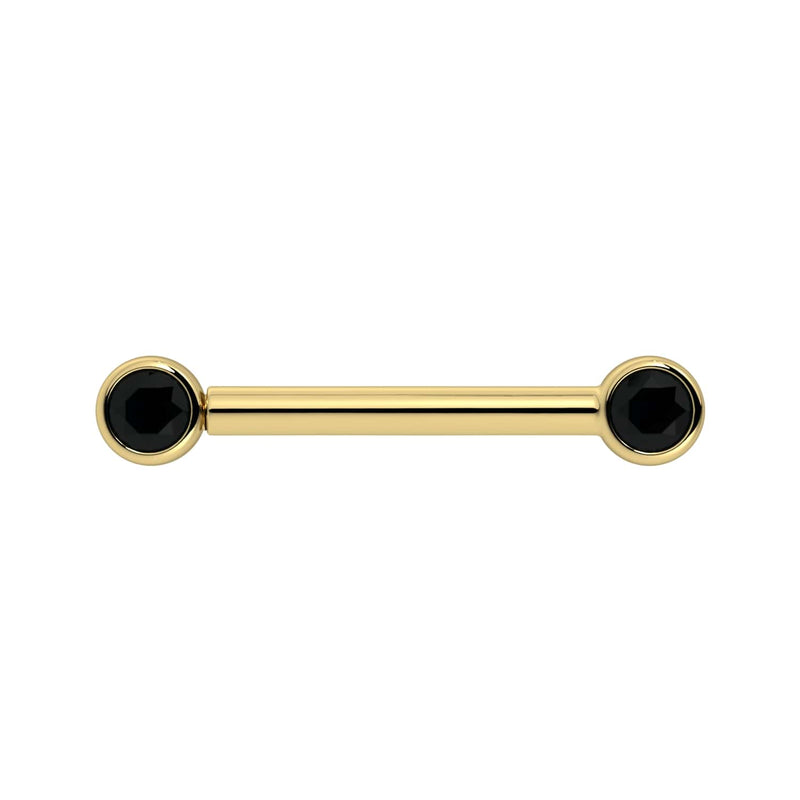 14K yellow gold nipple barbell with dual 3mm black diamond bezel settings, front view
