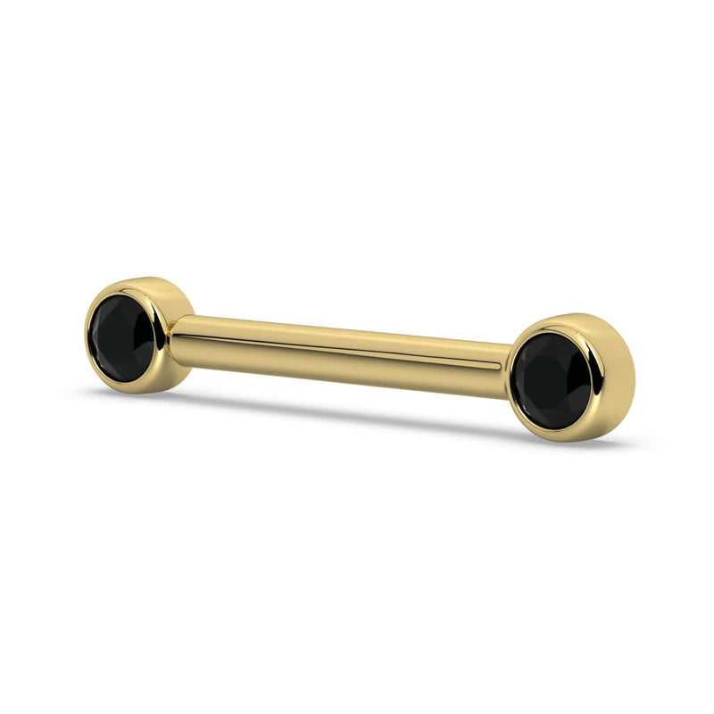 14K yellow gold black diamond bezel nipple barbell, angled side view showing bezel depth and bar profile