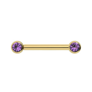 14K yellow gold nipple barbell with dual 3mm amethyst bezel-set gemstones, front view