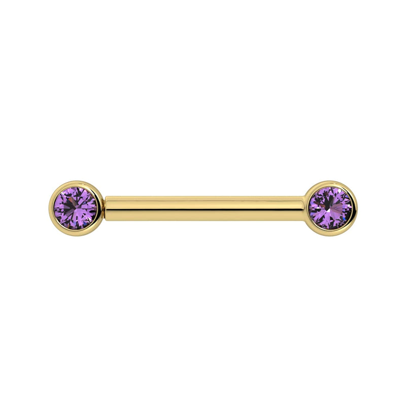 14K yellow gold nipple barbell with dual 3mm amethyst bezel-set gemstones, front view