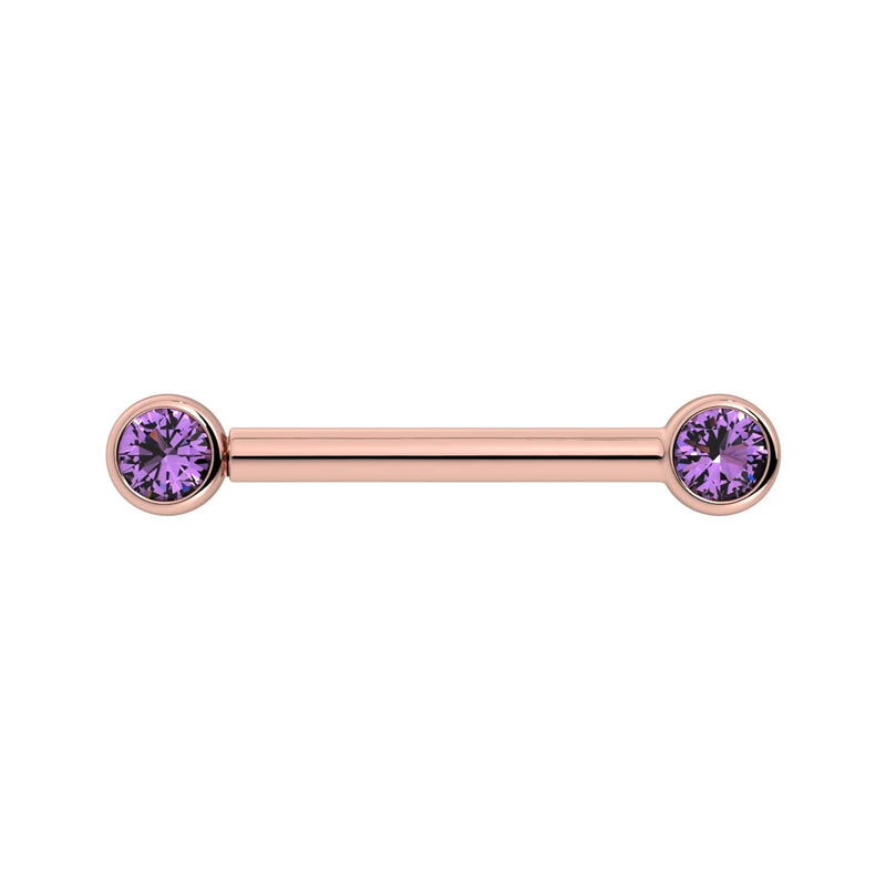 14K rose gold nipple barbell with dual 3mm bezel-set amethyst stones, front view