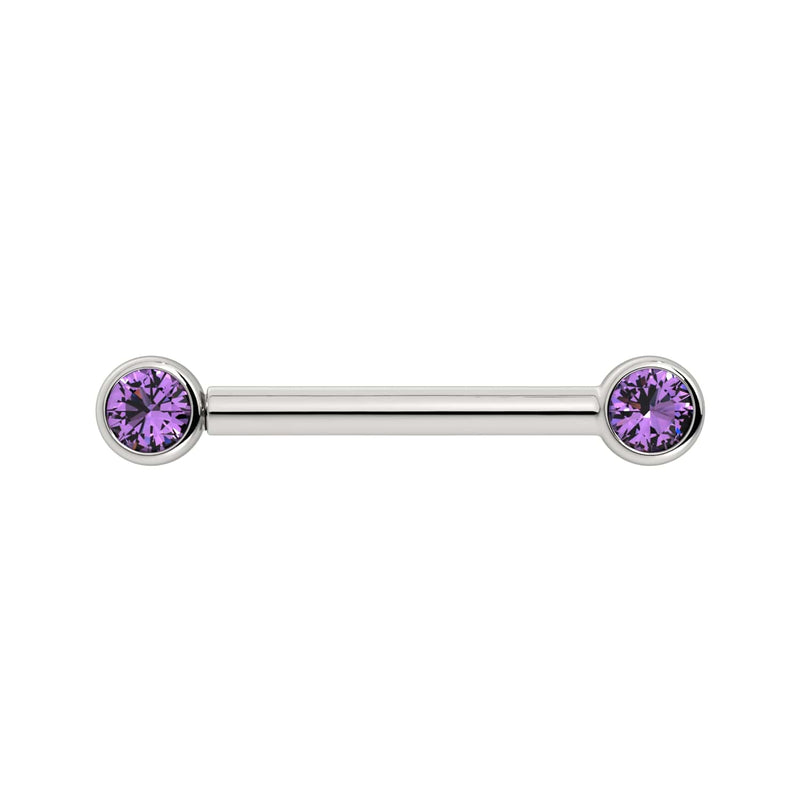 14K white gold nipple barbell with dual 3mm bezel-set amethyst gemstones, front view