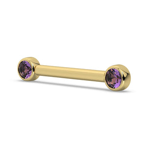 Angled view of 14K yellow gold amethyst bezel nipple barbell showing depth of round gem settings