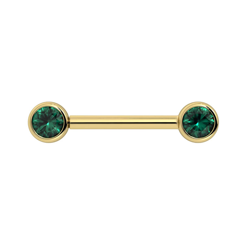 14K yellow gold nipple barbell with dual 4mm emeralds in bezel settings, front view