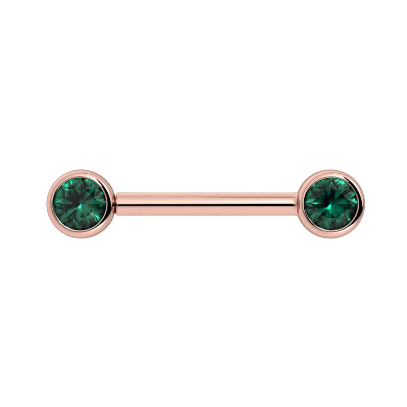 14K rose gold nipple barbell with dual 4mm bezel-set emeralds, straight-on front view