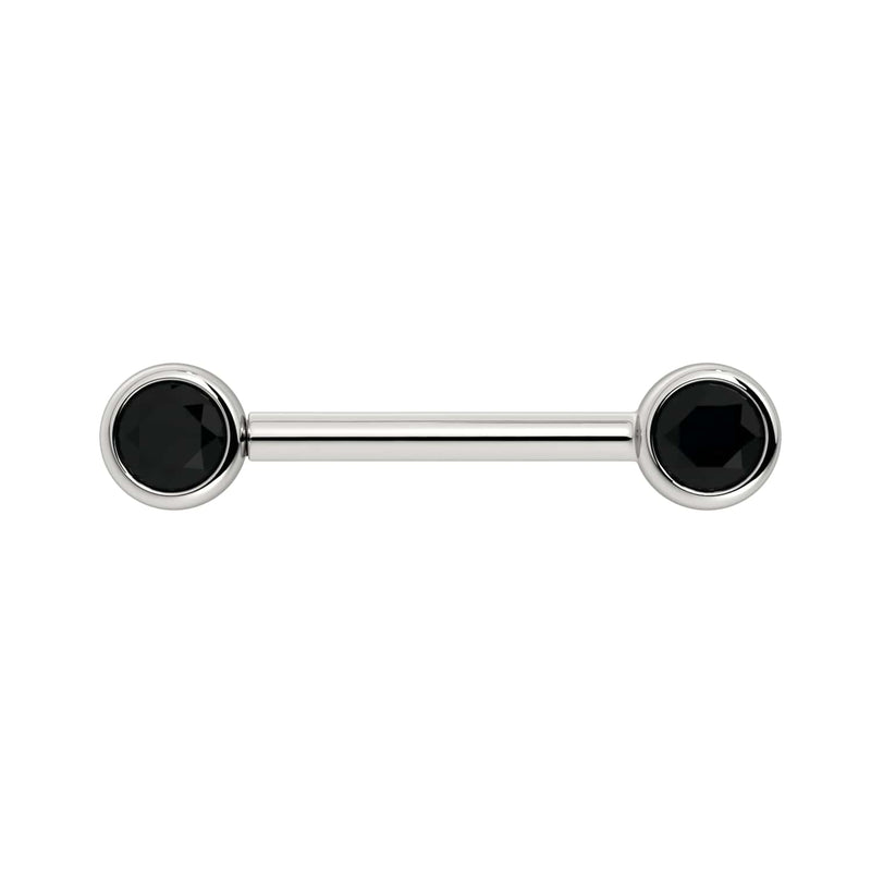 14K white gold nipple barbell with dual 4mm bezel-set black diamonds, front view