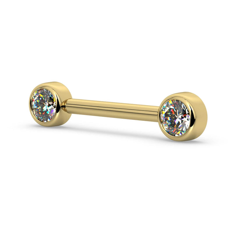 14K yellow gold nipple barbell with dual 4mm CZ bezel settings, angled view showing sparkle