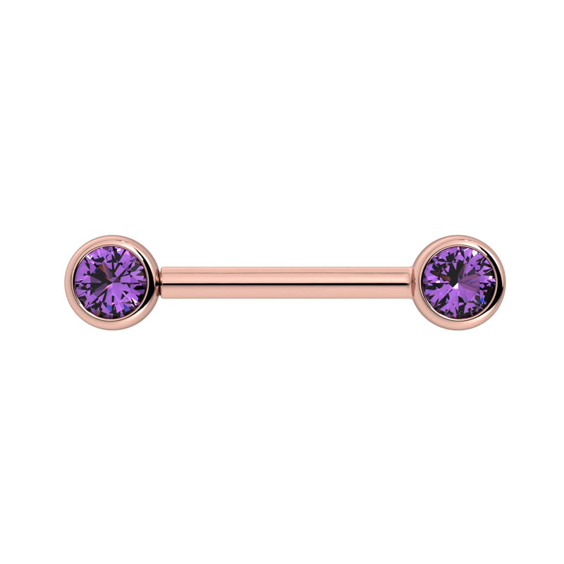 14K rose gold nipple barbell with bezel-set amethyst gemstones, front view showing warm pink tone