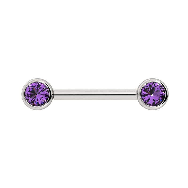 14K white gold amethyst bezel nipple barbell, front view highlighting cool silver tone and purple stones
