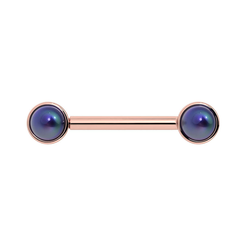 14K rose gold black Akoya pearl nipple barbell, front view highlighting warm gold tone