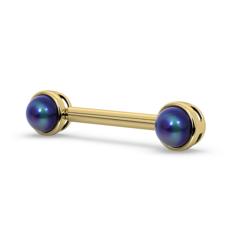 14K yellow gold black Akoya pearl nipple barbell, angled view showing iridescent pearl luster
