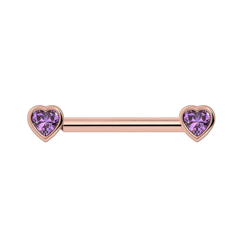 14k rose gold amethyst heart nipple barbell with bezel-set purple heart gemstones, front view