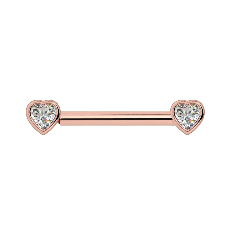 14k rose gold diamond heart nipple barbell with bezel-set heart-shaped diamonds, front view