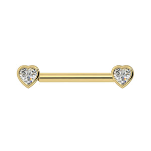 14k yellow gold diamond heart nipple barbell with bezel-set heart-shaped diamonds, front view