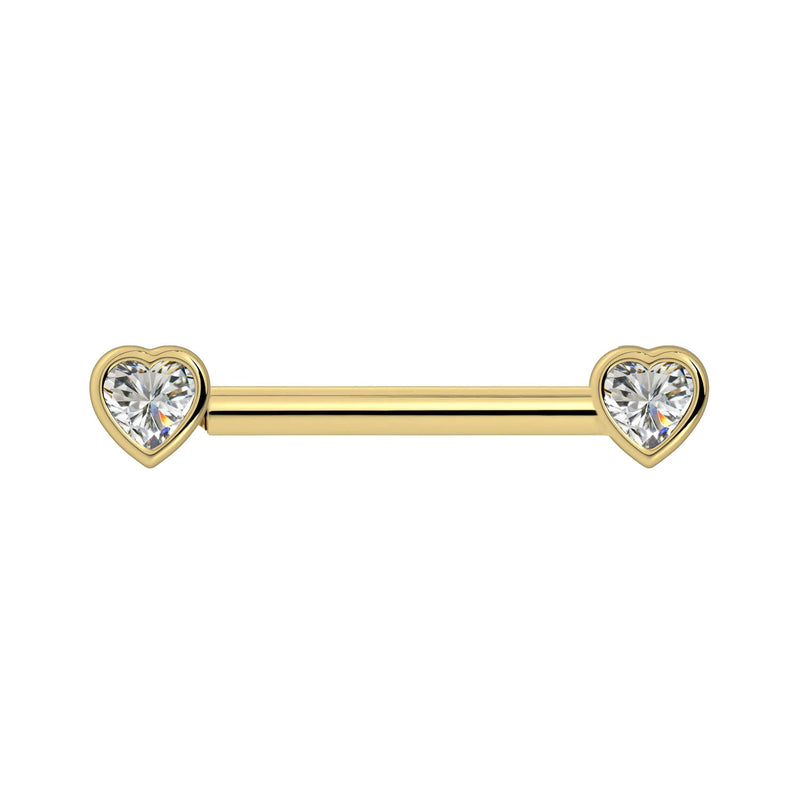 14k yellow gold diamond heart nipple barbell with bezel-set heart-shaped diamonds, front view