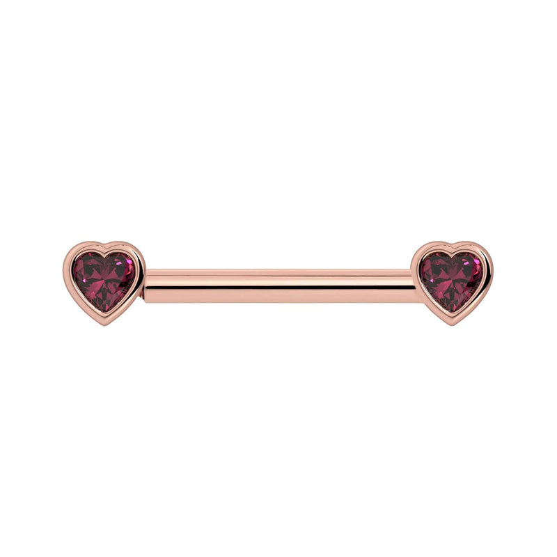 14k rose gold rhodolite garnet heart nipple barbell with bezel-set raspberry gemstones, front view