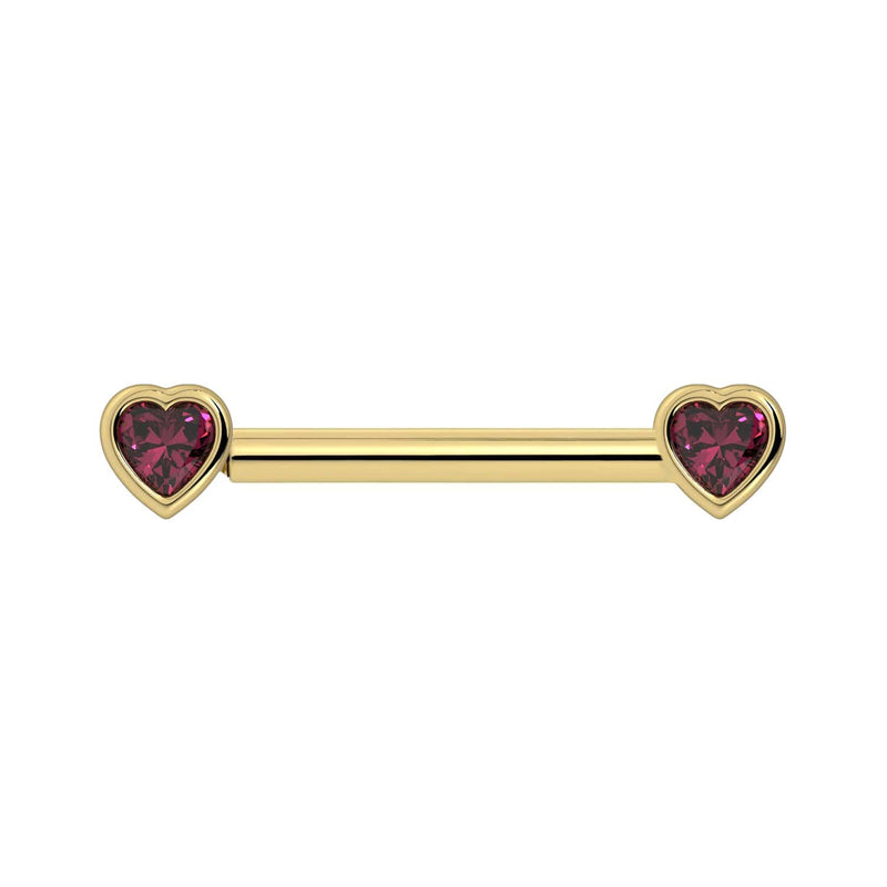 14k yellow gold rhodolite garnet heart nipple barbell with bezel-set raspberry gemstones, front view