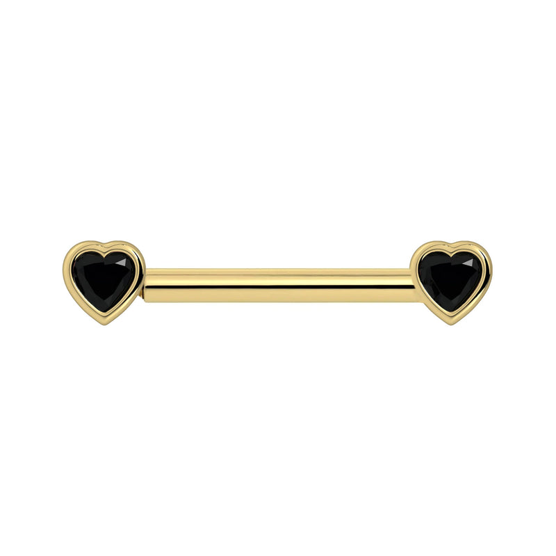 14k yellow gold nipple barbell with bezel-set black onyx heart stones on each end, front view