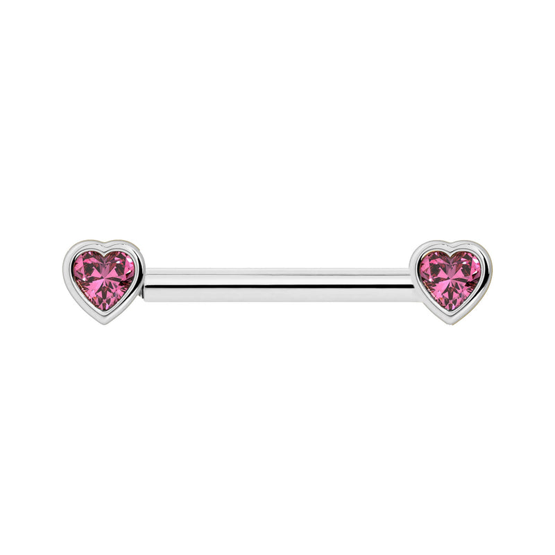 14k white gold nipple barbell with dual bezel-set heart pink sapphire ends, front view