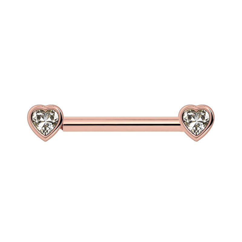 14k rose gold nipple barbell with heart-shaped white sapphire bezel ends, front view