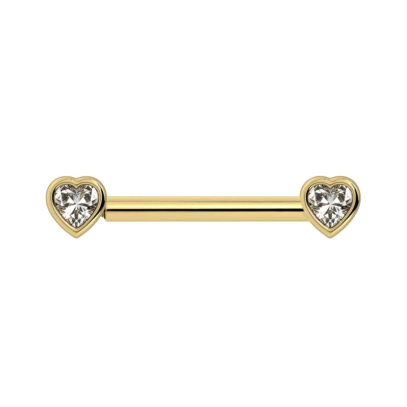 14k yellow gold nipple barbell with bezel-set heart-shaped white sapphires on each end, front view