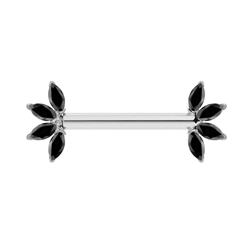 14K white gold marquise black diamond fan nipple barbell, front view on white background