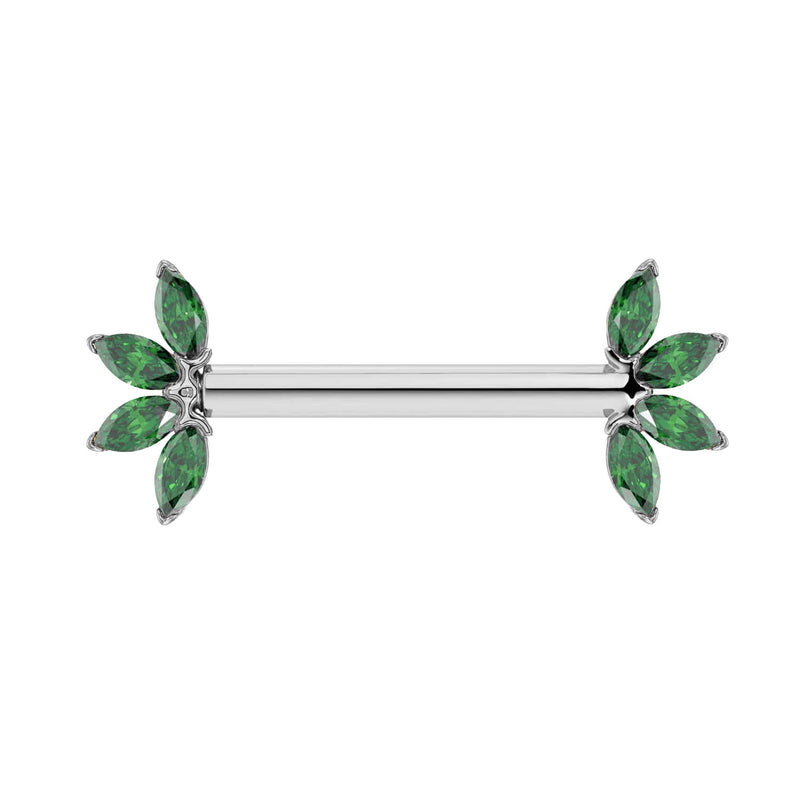 14K white gold nipple barbell with marquise emerald fan ends, front view showing silver-toned setting