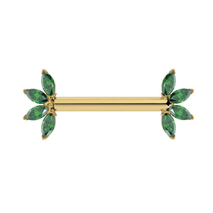 14K yellow gold nipple barbell with marquise-cut emerald fan ends, front view on white background