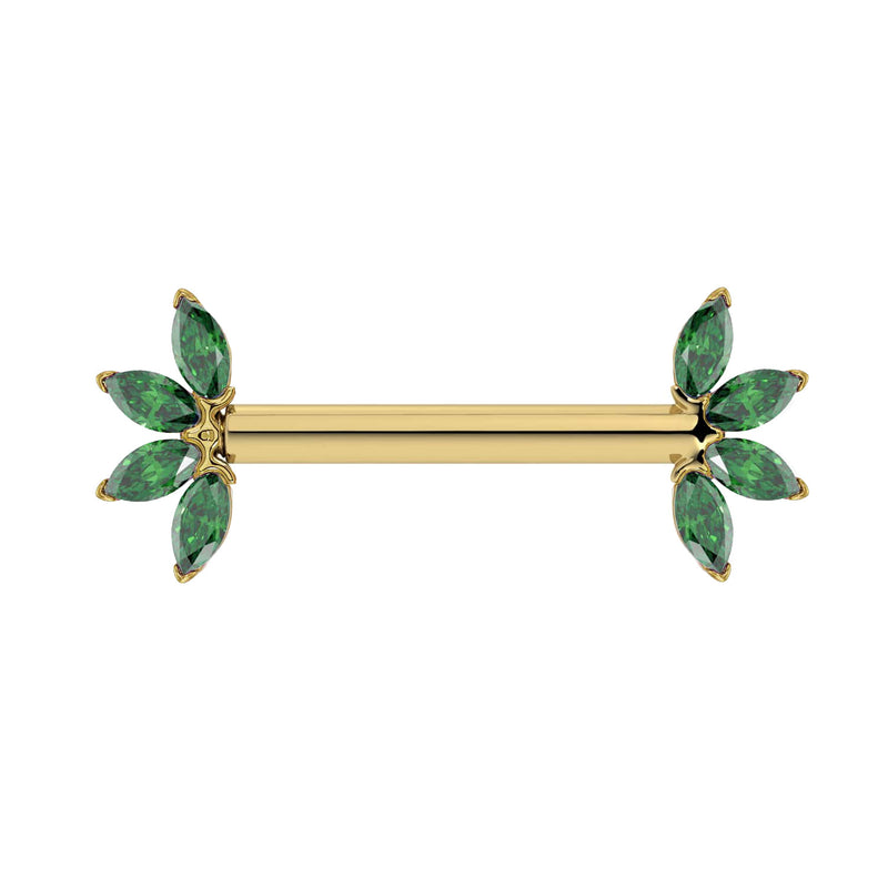 14K yellow gold nipple barbell with marquise-cut emerald fan ends, front view on white background