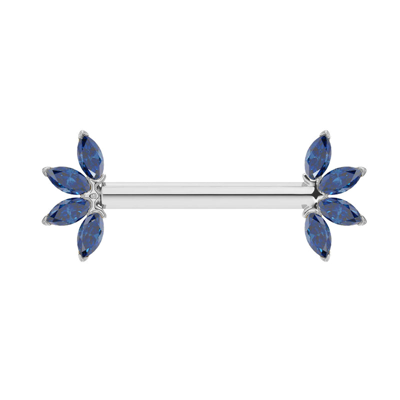 14K white gold nipple barbell with marquise-cut sapphire fan ends, front view