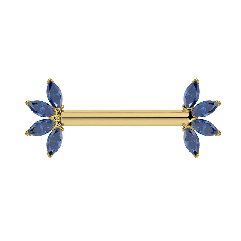 14K yellow gold nipple barbell with marquise-cut sapphire fan ends, front view